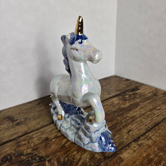 Mother of Pearl Blue & Gold Unicorn Ceramic Figurine 8.5" Height, 7" Length - Picture 2 of 3